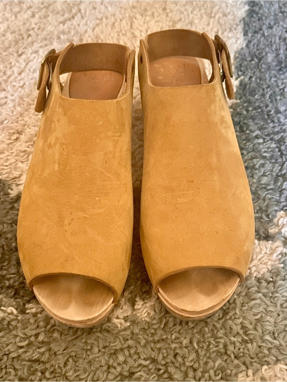 BRYR Suzie Peep-Toe Mustard Yellow Nubuck Leather Clogs Sz US 8 EU 38